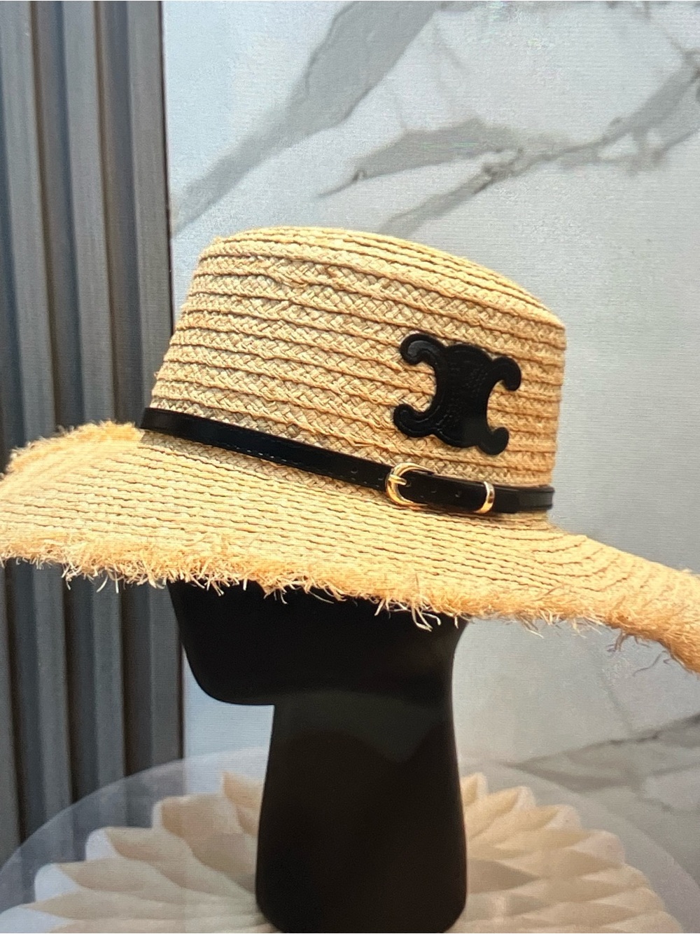 Celine Natural Straw Hat with Black Leather Trim and Gold Buckle